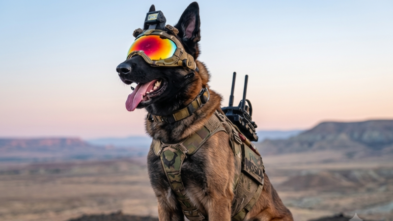 A K9 dog in a full dog kit